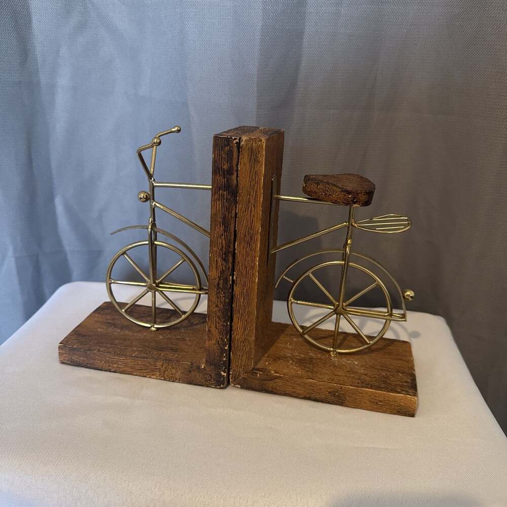 Vintage Bicycle Bookends Wood Metal Gold Tone Pair Felt Bottom